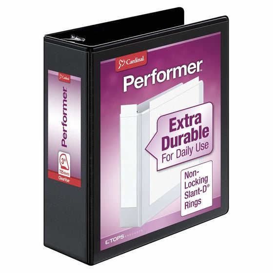 Cardinal Performer 3-Ring Binder, 3", Non-Locking Slant-D Rings, 725-Sheet Capacity, ClearVue Presentation Binder, Nonstick, PVC-Free, Black (17601)