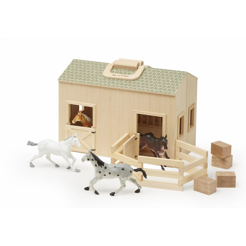Melissa & Doug Fold and Go Wooden Horse Stable Dollhouse With Handle and Toy Horses (11 pcs)