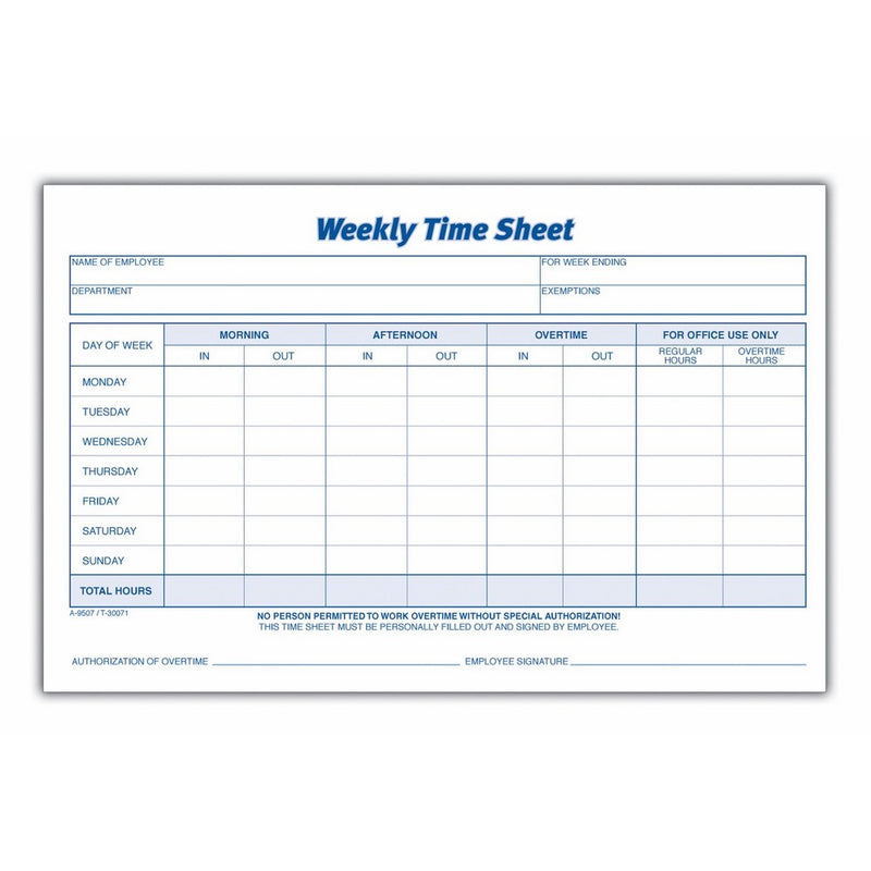 Adams Time Sheet, 9 x 5.5 Inch, Weekly Format, 2-Part, Carbonless, 100-Pack, White, Canary (NC9507)
