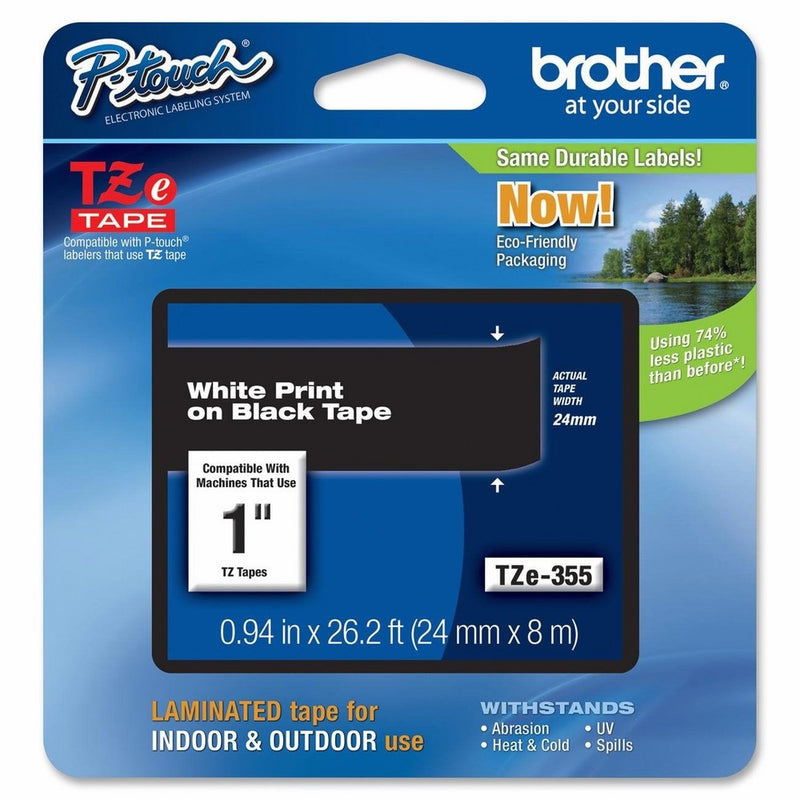 Brother Laminated Tape White on Black, 24mm (TZe355) - Retail Packaging