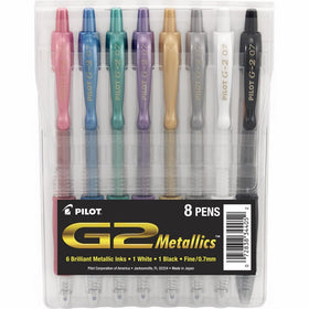 Pilot G2 Metallics Gel Roller Pens Fine Point (.7 mm) Assorted Color Inks 8-Pack Pouch (34405), Pink, Blue, Green, Purple, Gold, Silver, White & Black; Retractable, Refillable & Premium Comfort Grip