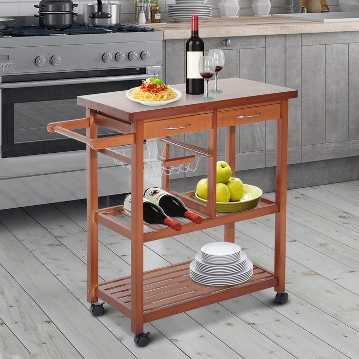 Wooden Rolling Storage Microwave Cart Kitchen Trolley With Drawers