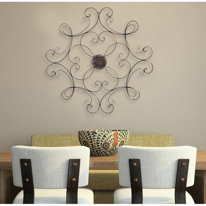 Benzara Scrolled Metal Wall Medallion for Indoor and Outdoor, Bronze