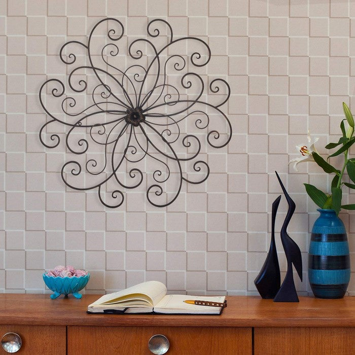 Benzara Metal Flower WallDecor With Scroll Design, Bronze