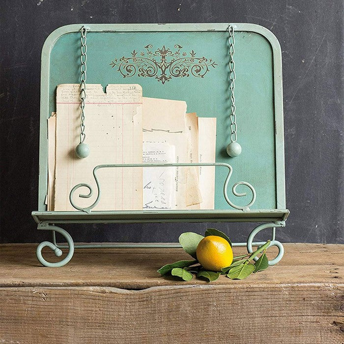 Benzara Metal Cook Book Stand With Chained Weights, Aqua Green