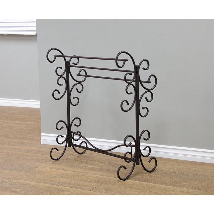 Benzara Free Standing Metal Blanket Rack With Scroll work, Black
