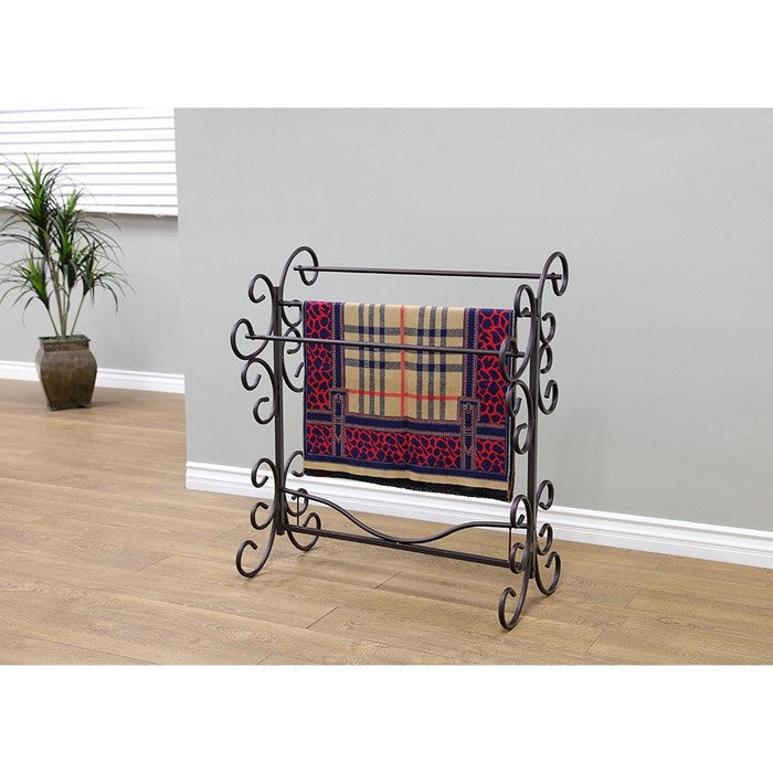 Benzara Free Standing Metal Blanket Rack With Scroll work, Black