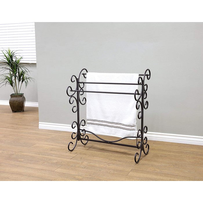 Benzara Free Standing Metal Blanket Rack With Scroll work, Black