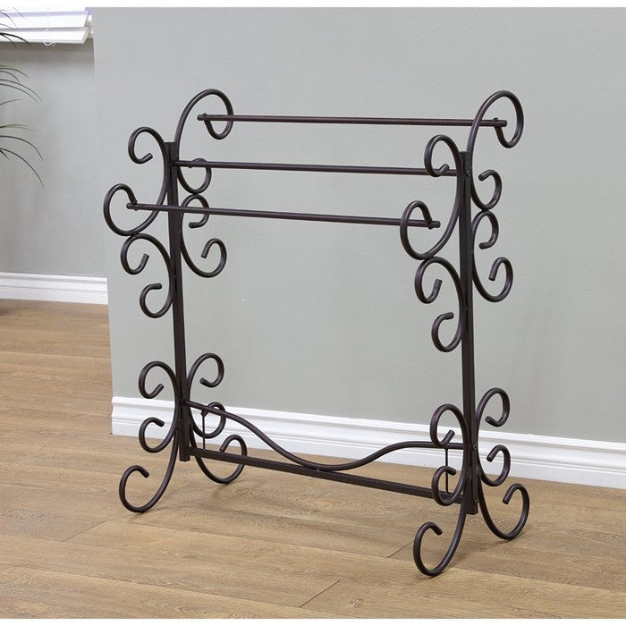 Benzara Free Standing Metal Blanket Rack With Scroll work, Black