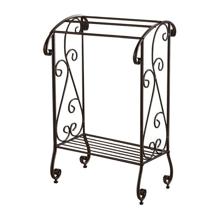 Benzara Free Standing Metal Towel Rack Stand With Shelf, Brown