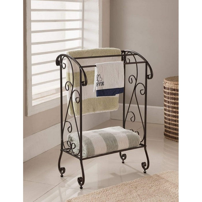 Benzara Free Standing Metal Towel Rack Stand With Shelf, Brown