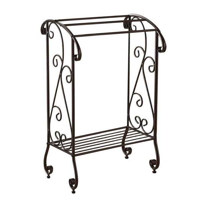 Benzara Free Standing Metal Towel Rack Stand With Shelf, Brown