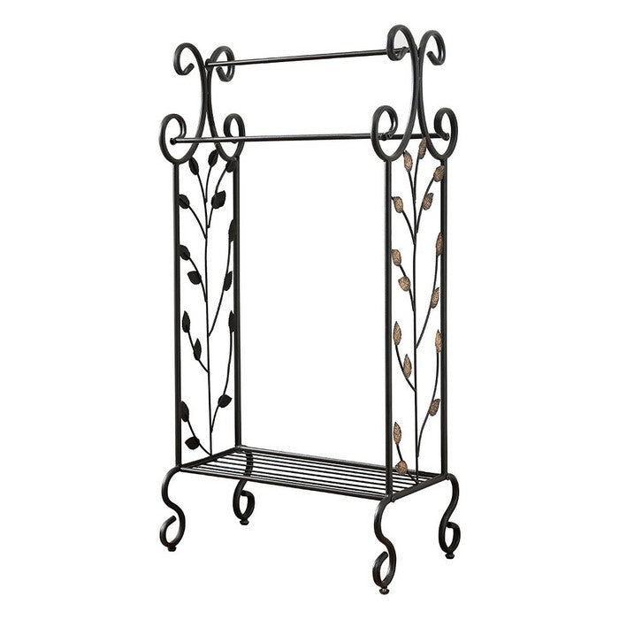 Benzara Gold Leaves Metal Towel Rack Stand With Shelf, Black