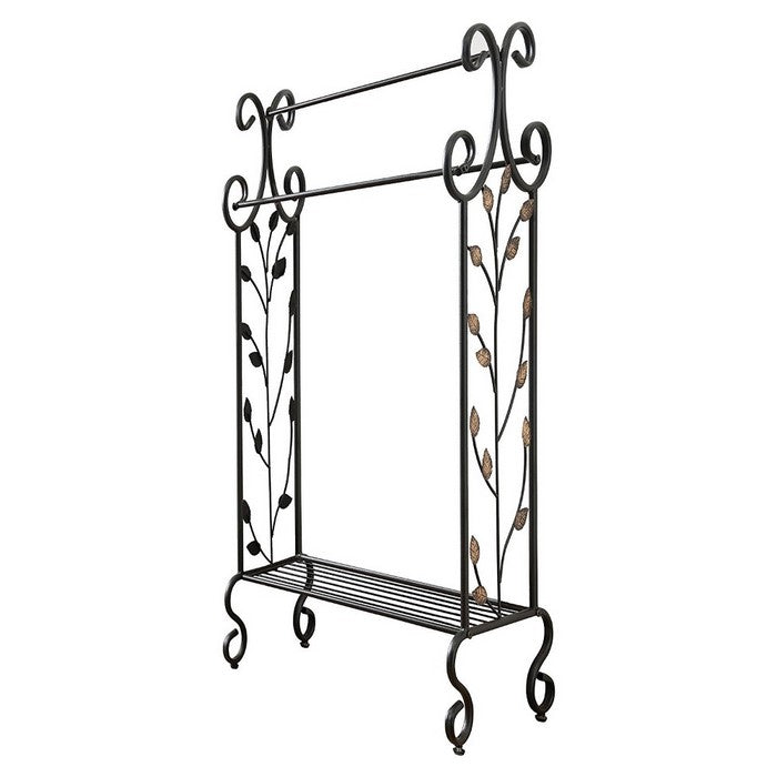 Benzara Gold Leaves Metal Towel Rack Stand With Shelf, Black