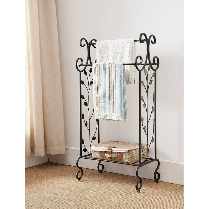 Benzara Gold Leaves Metal Towel Rack Stand With Shelf, Black