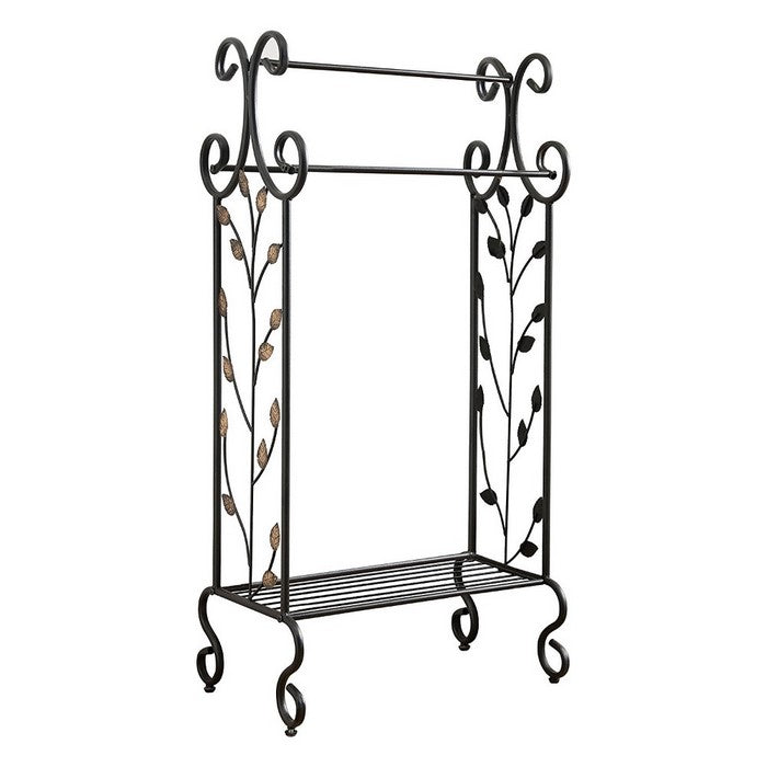 Benzara Gold Leaves Metal Towel Rack Stand With Shelf, Black