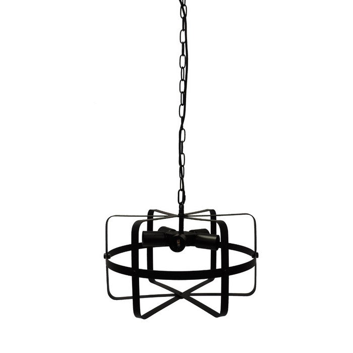 Drum Shape Round Metal Pendant with 5 Bulb Sockets, Antique Black