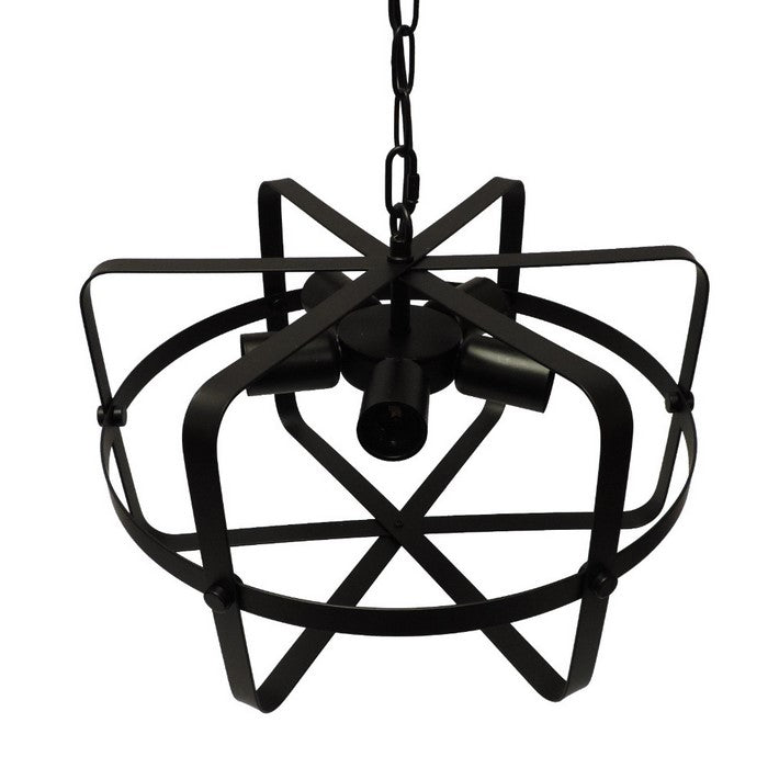 Drum Shape Round Metal Pendant with 5 Bulb Sockets, Antique Black