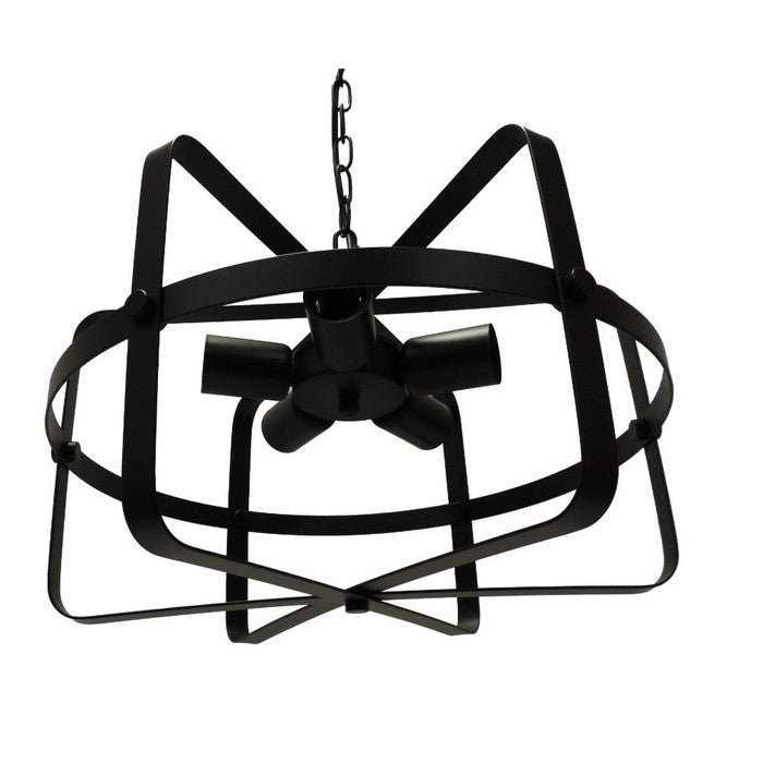 Drum Shape Round Metal Pendant with 5 Bulb Sockets, Antique Black
