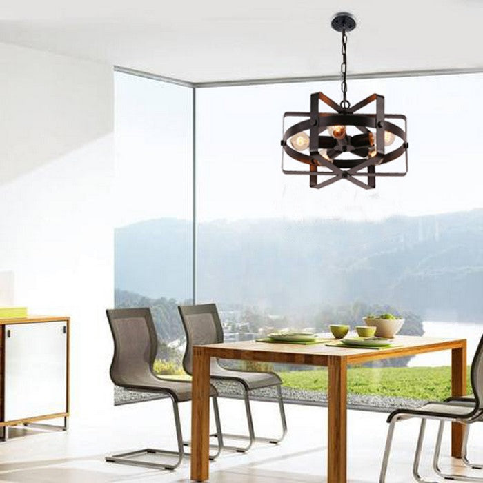 Drum Shape Round Metal Pendant with 5 Bulb Sockets, Antique Black