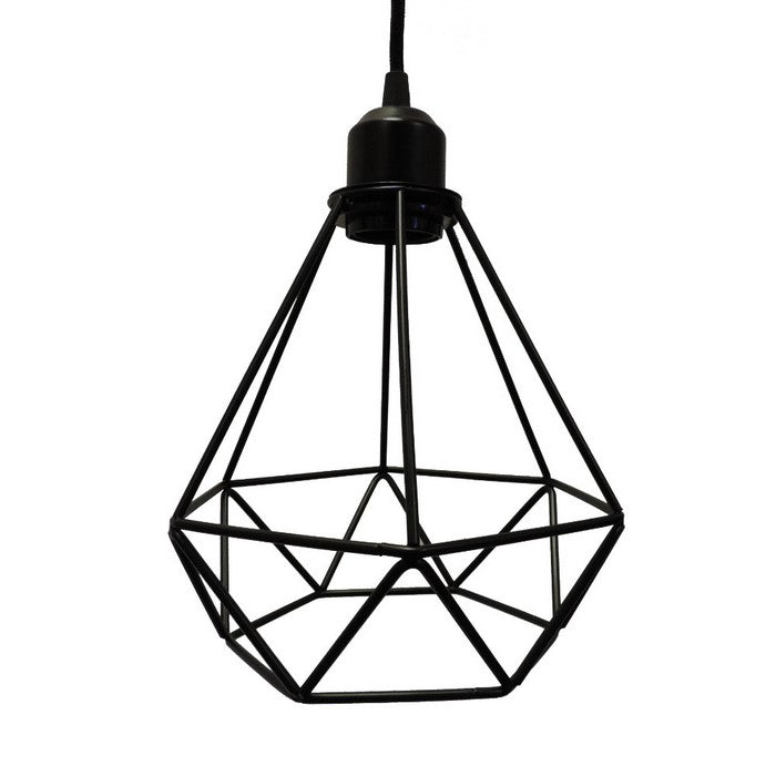 Polygon Diamond Shaped Wire Pendant Light With Black Top, Black