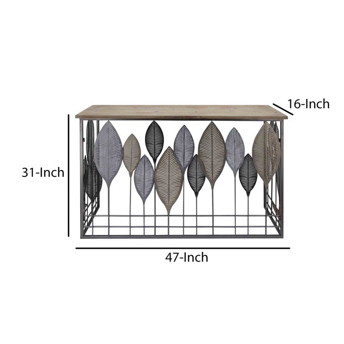 Wooden Top Console Table with Metal Leaf Embellishment, Brown and Gray