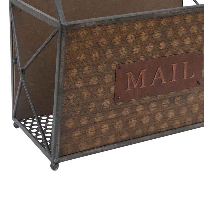 Wood and Metal Frame Basket with Handle and Typography, Brown and Gray