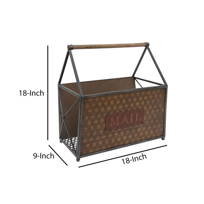 Wood and Metal Frame Basket with Handle and Typography, Brown and Gray