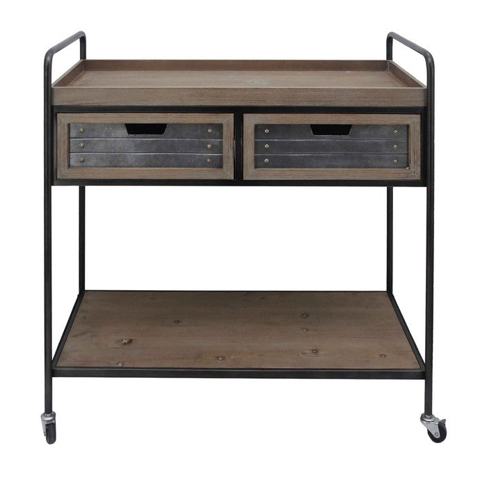 Caster Supported 2 Drawer Wood and Metal Rolling Cart, Brown and Black