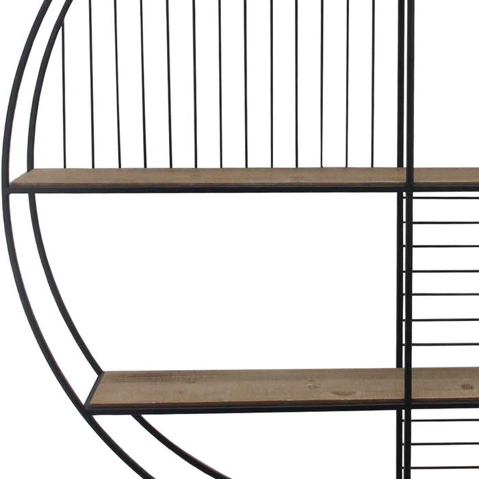 3 Tier Wood and Round Metal Floating Wall Shelf with Slatted Details, Brown and Black