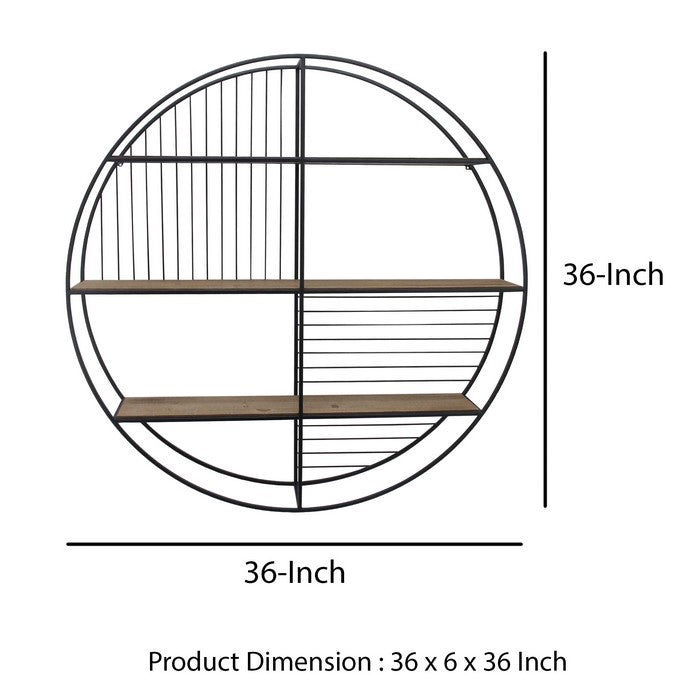3 Tier Wood and Round Metal Floating Wall Shelf with Slatted Details, Brown and Black