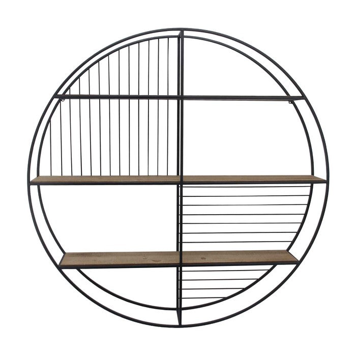 3 Tier Wood and Round Metal Floating Wall Shelf with Slatted Details, Brown and Black