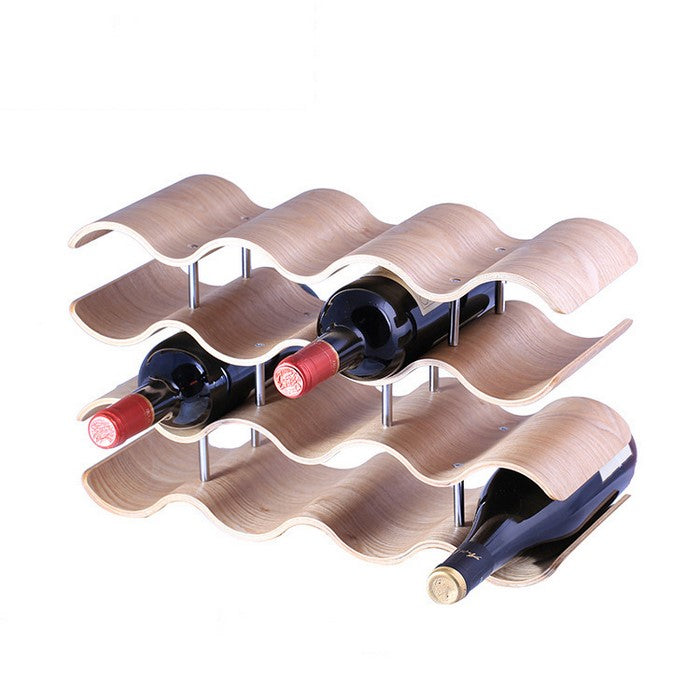 Wave Pattern Bamboo Wood 10-Bottles Wine Rack, Natural Wood Brown
