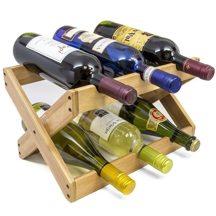 Bamboo Wood Foldable 6-Bottles Counter Top Wine Rack, Natural Wood Brown