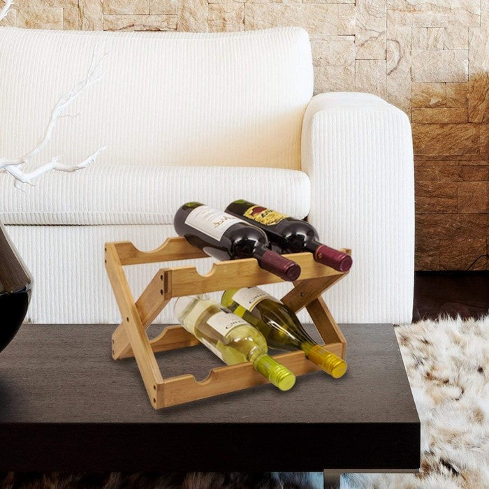 Bamboo Wood Foldable 6-Bottles Counter Top Wine Rack, Natural Wood Brown