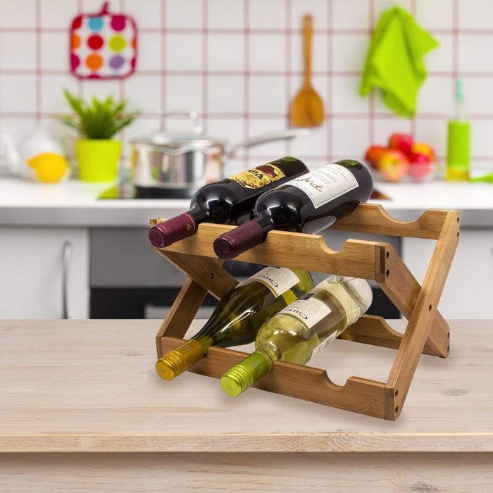Bamboo Wood Foldable 6-Bottles Counter Top Wine Rack, Natural Wood Brown