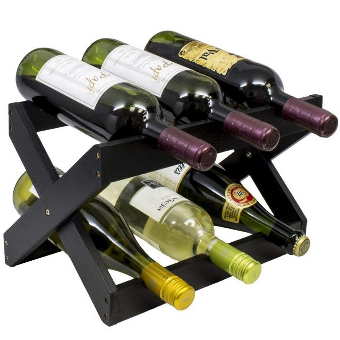 Bamboo Wood Foldable 6-Bottles Counter Top Wine Rack, Black