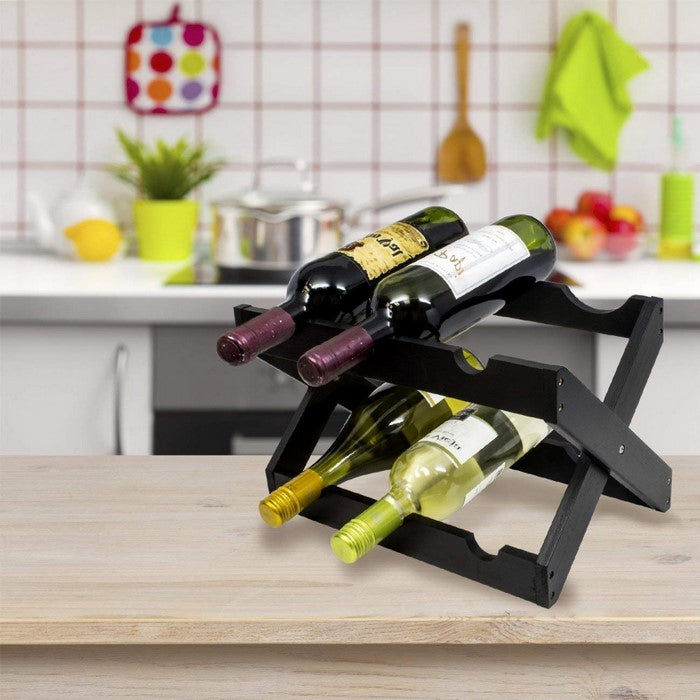 Bamboo Wood Foldable 6-Bottles Counter Top Wine Rack, Black