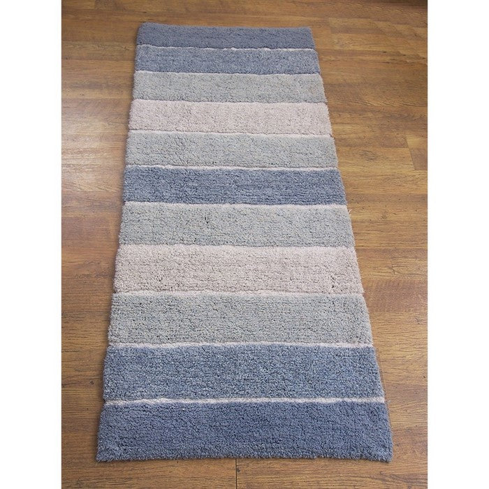 Stripe Designed Cotton Bath Runner, Blue And Beige