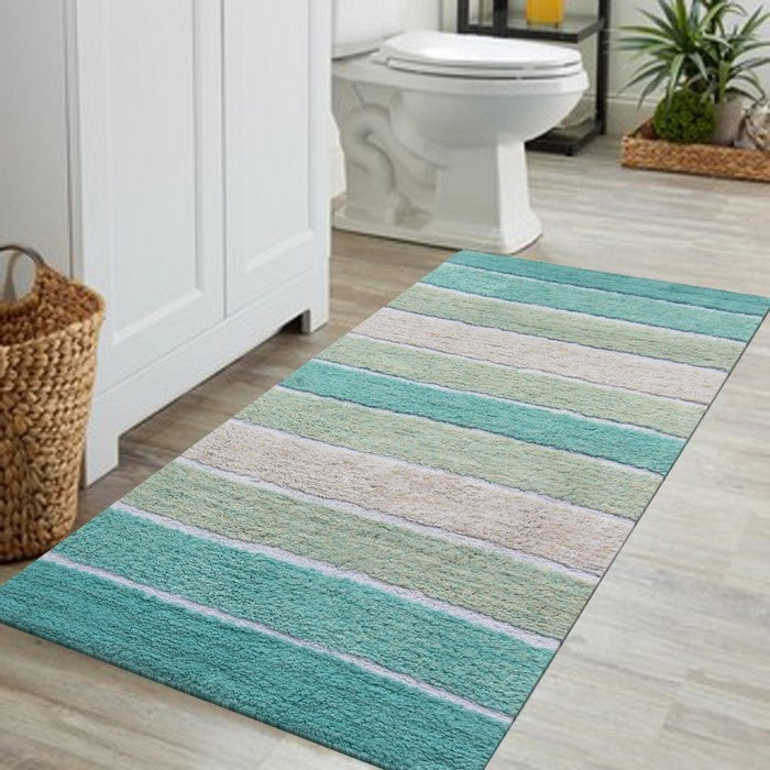 Soft & Absorbent Stripe Pattern Bath Runner In Cotton, Turquoise Blue