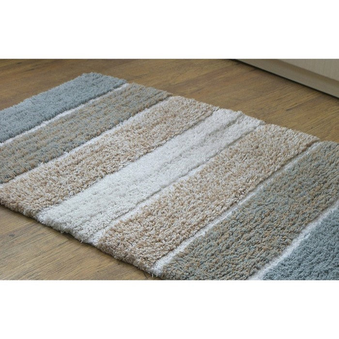 Stripe Design Bath Runner In Cotton, Gray And Beige