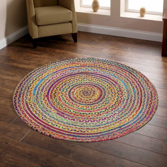 48 Inches Round Rainbow Chindi Rag Rug, Multicolor