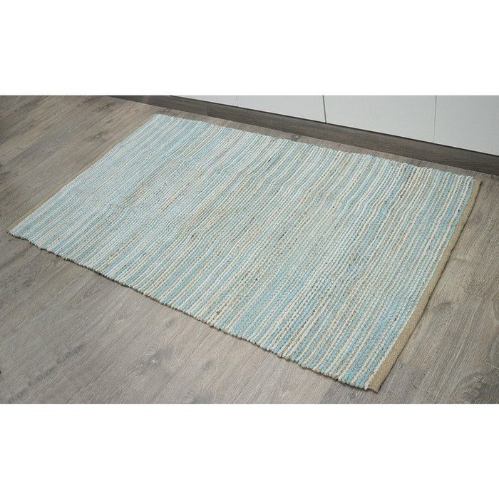 Knotted Patterned Carmel Rug In Jute/Cotton Chenille , Aqua Blue
