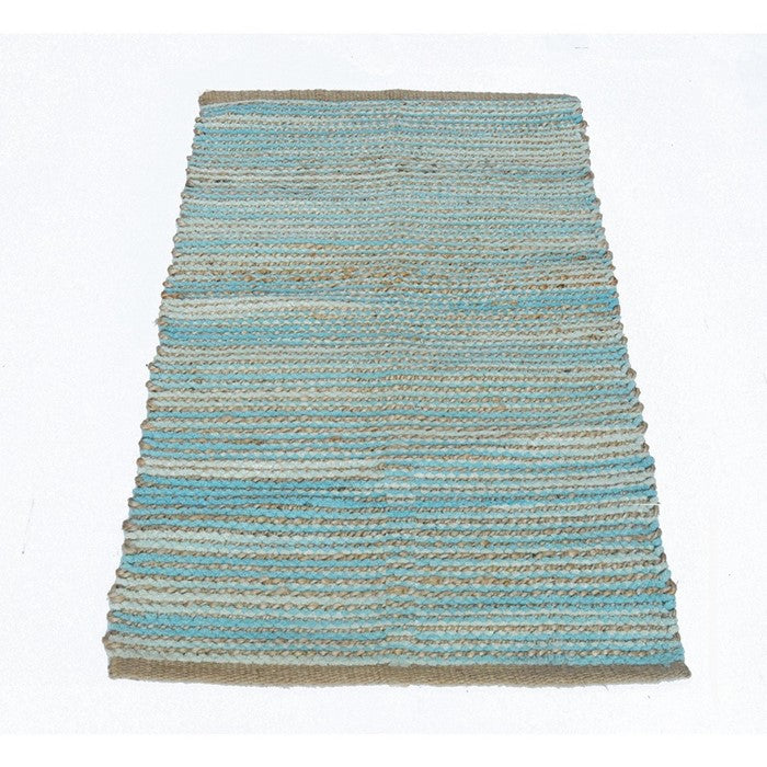 Knotted Patterned Carmel Rug In Jute/Cotton Chenille , Aqua Blue