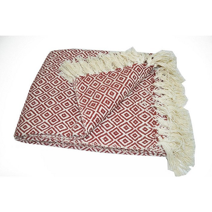 Diamond Pattern Cotton Throw With Fringed Ends, Rust-Ivory