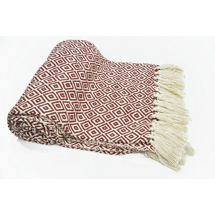 Diamond Pattern Cotton Throw With Fringed Ends, Rust-Ivory