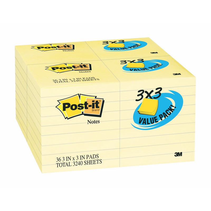 Post-it Notes Value Pack, 3 in x 3 in, Canary Yellow, 36 Pads/Pack (654-36VAD90)