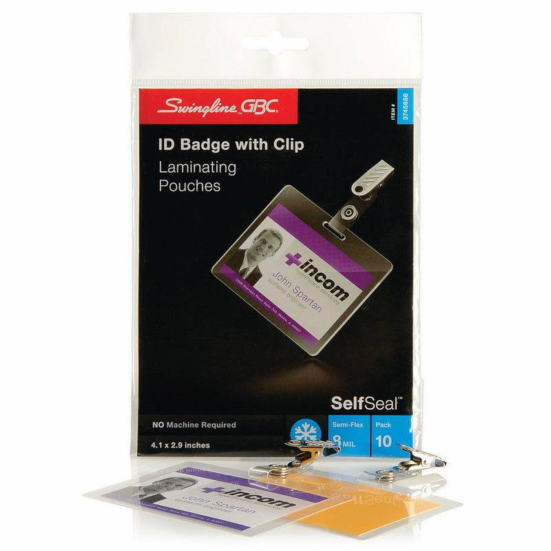 Swingline GBC Laminating Pouches/Self Laminating Sheets, Horizontal Badge ID With Clips Size, Self Seal, 10 Pack (3745686)