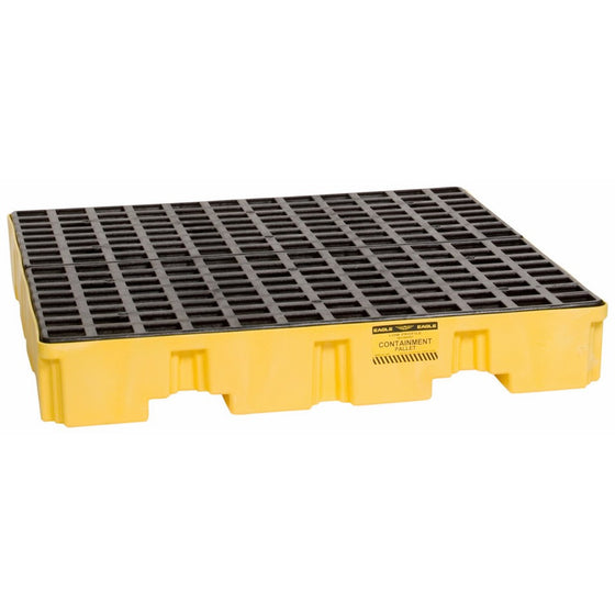 Eagle 1645 Yellow and Black Polyethylene 4 Drum Low Profile Spill Containment Pallet with Flat Top Grating, 8000 lbs Load Capacity, 51.5" Length, 51.5" Width, 8" Height