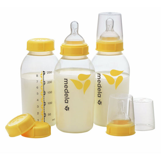 Medela Breast Milk Bottle Set, 8 Ounce, 3 Pack with Nipples, Lids, Wide Base Collars and Travel Caps, Made without BPA